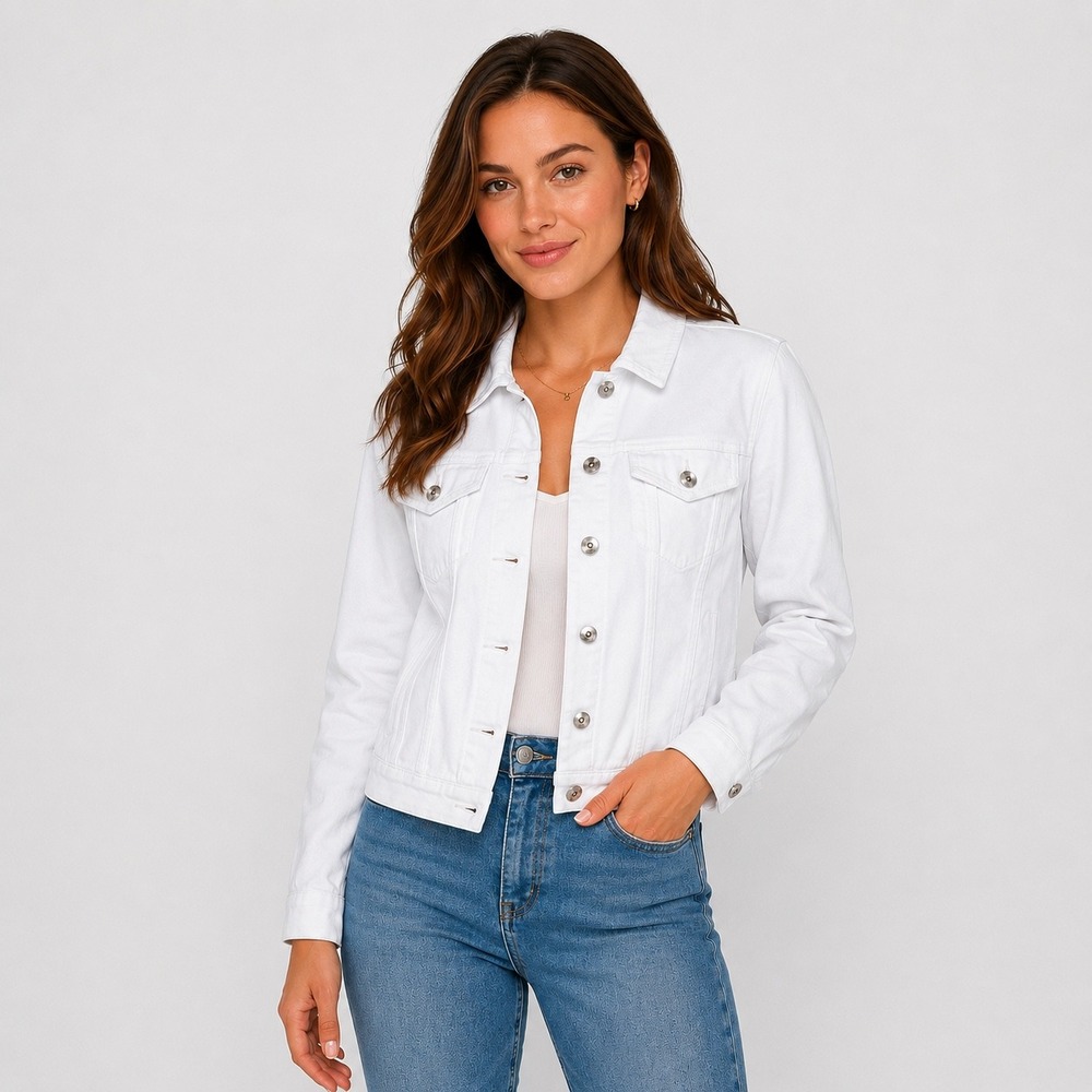 Curve Appeal Denim Jacket Women Large White Button Front Stretch
